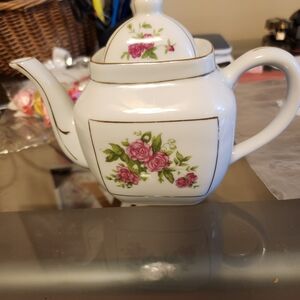 Source Unknown White Teapot with Pink Floral Design